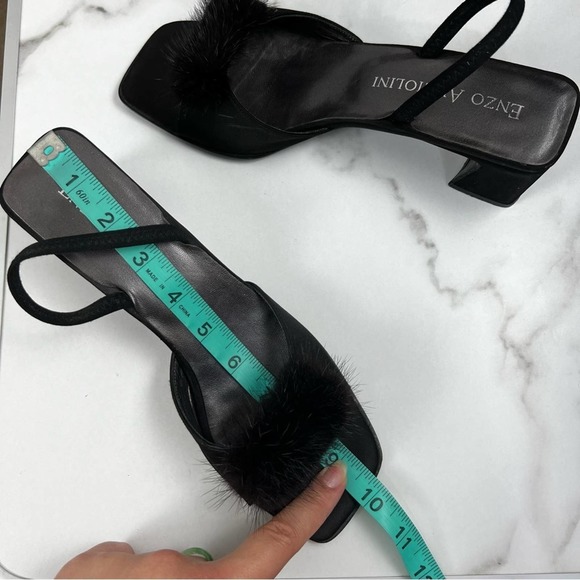 Vintage Enzo Angiolini Fuzzy Pom Pom Black Chunky Slingback Heels Size 8 - Picture 9 of 9